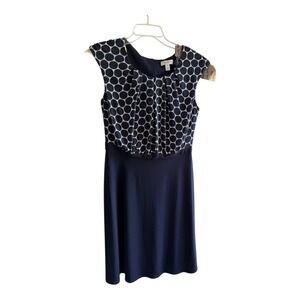 Mod Dressbarn Dress Regular 8 Navy Blue Polka Dot Pleated Cap Sleeve Modest